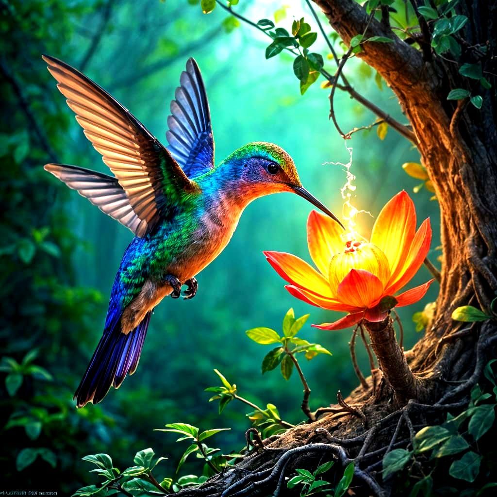 Whimsical Hummingbird Sips from Enchanted Bloom in Arthur Ra...