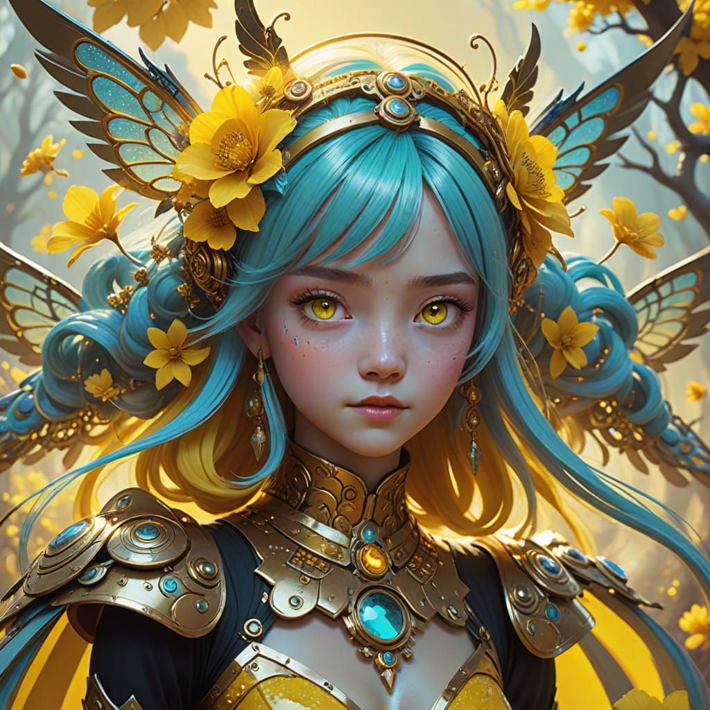 Surreal Fantasy Woman Amidst Whimsical Yellow Landscapes