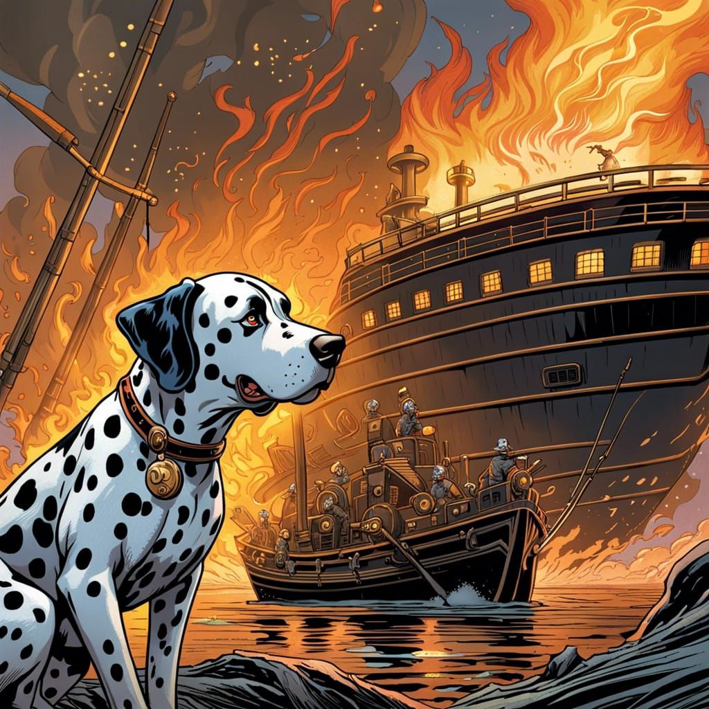 Dalmatian Firefighter Battles Blaze in Comic Book Style