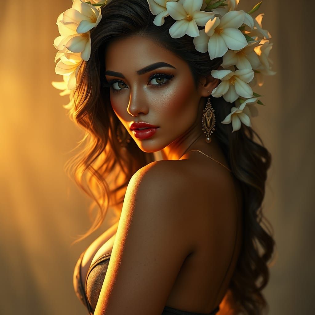 Stunning Woman with Jasmine Flowers, Fantasy Concept Art