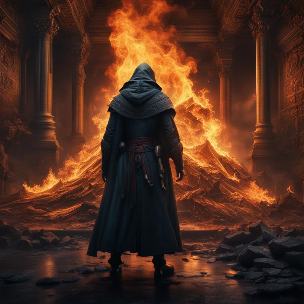 Dramatic Figure Before Fire, Digital Matte Painting