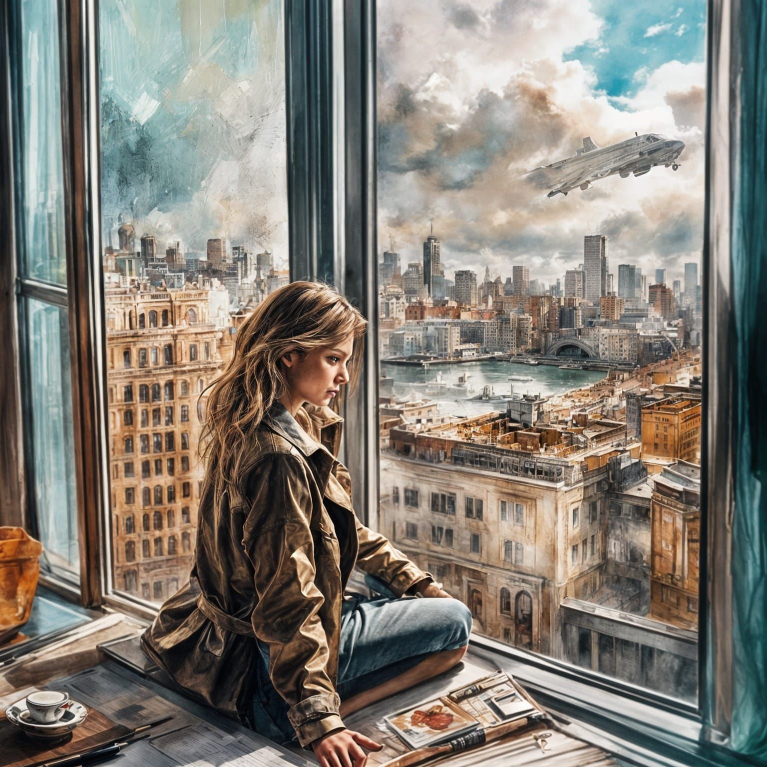 Monotype of Woman in Coffee Shop