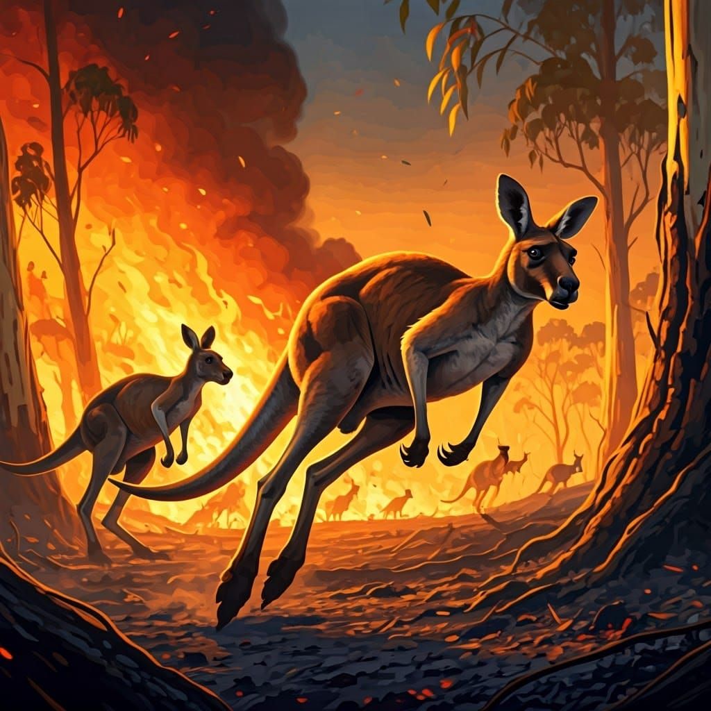 Terrified Kangaroos in Blazing Forest Inferno