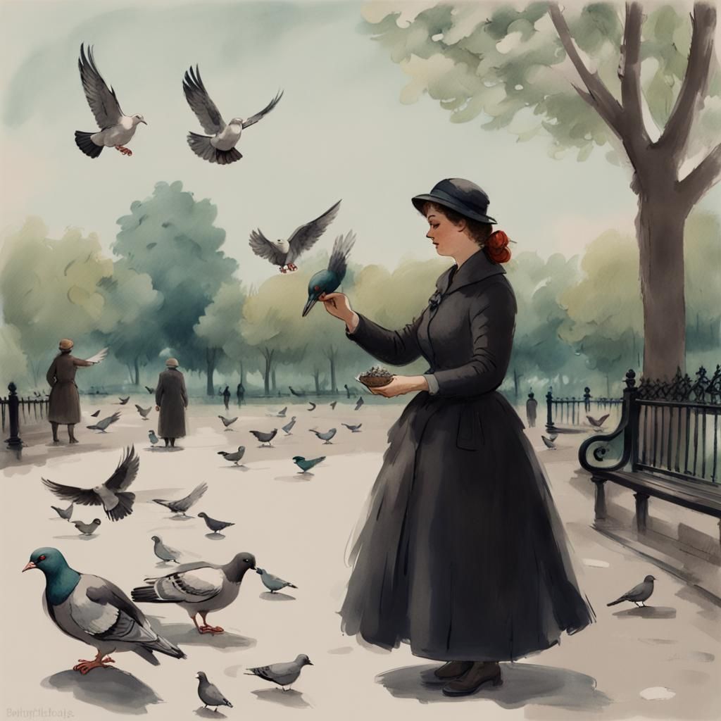Naivist Drawing: Woman Feeding Pigeons