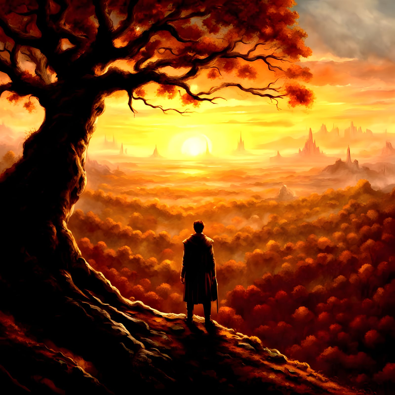 Fantasy concept art. Wide shot. A lone traveler stands on a ...