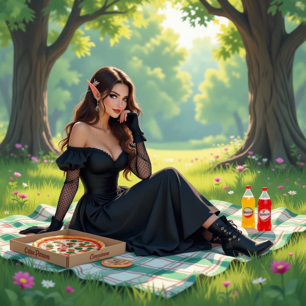 Gothic Elf Having Picnic in a Park