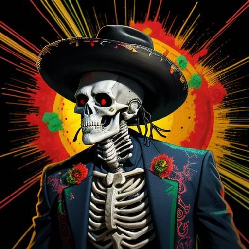 Day of the Dead Cowboy Skeleton in mexican cowboy hat with e...