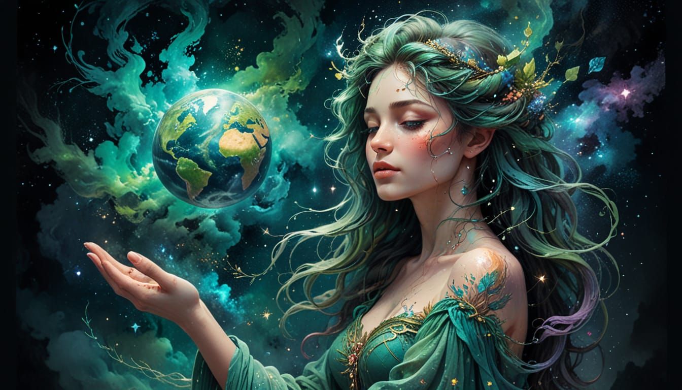 Mother Goddess Cradles the Earth in Ethereal Stylization