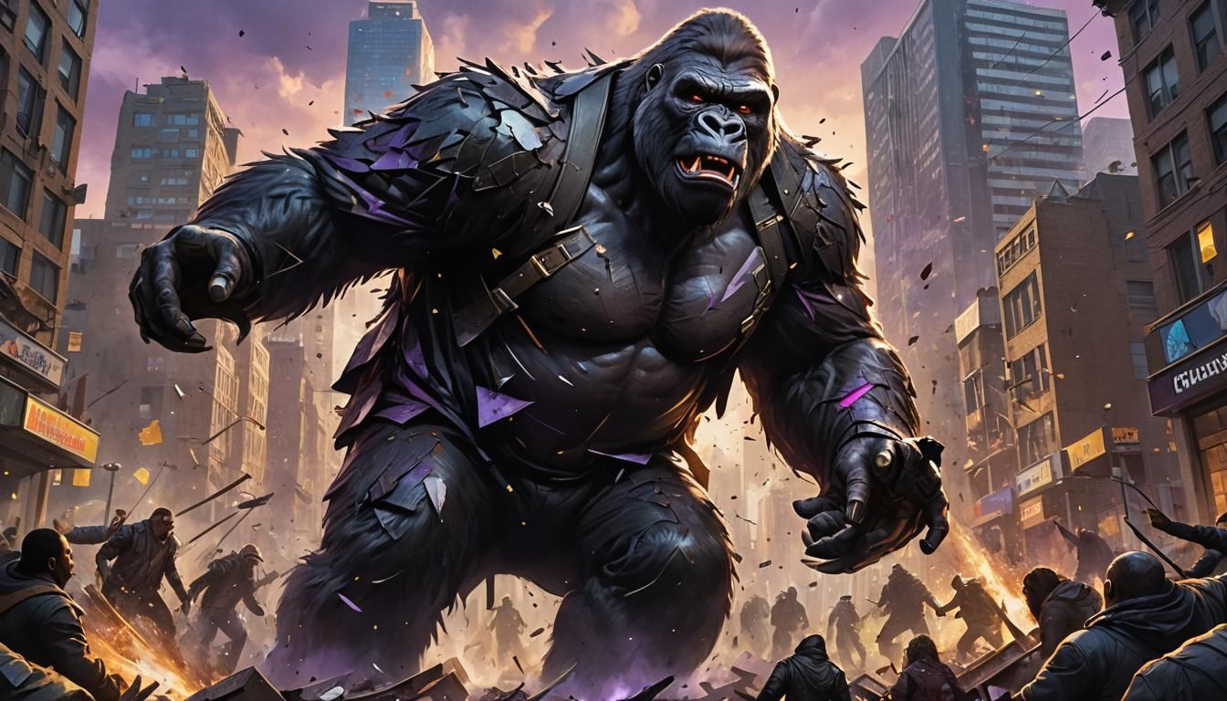 Giant Gorilla Rampages Through City: Dark Fantasy Art