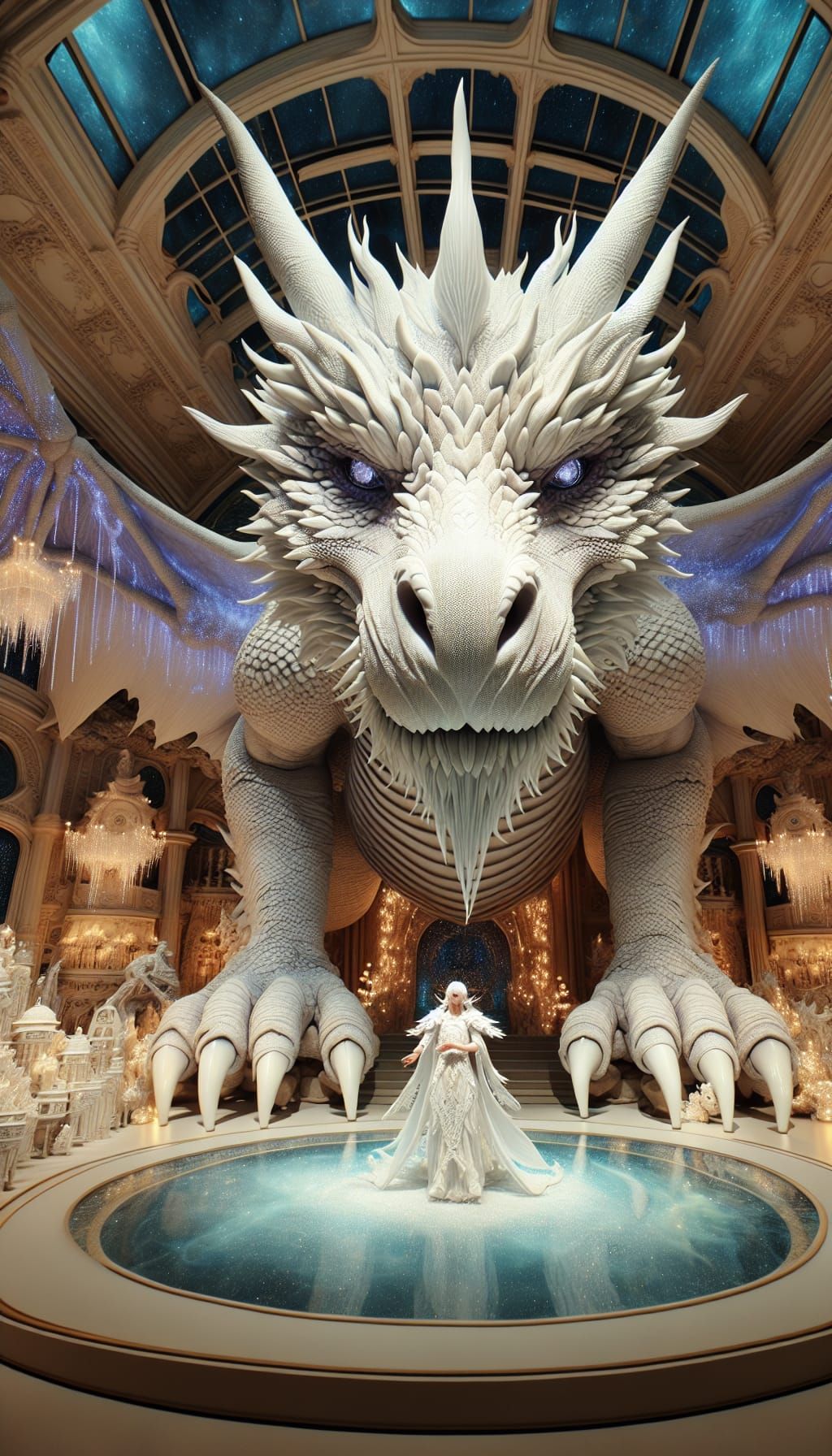 Majestic White Dragon and Elf in Magical Realm