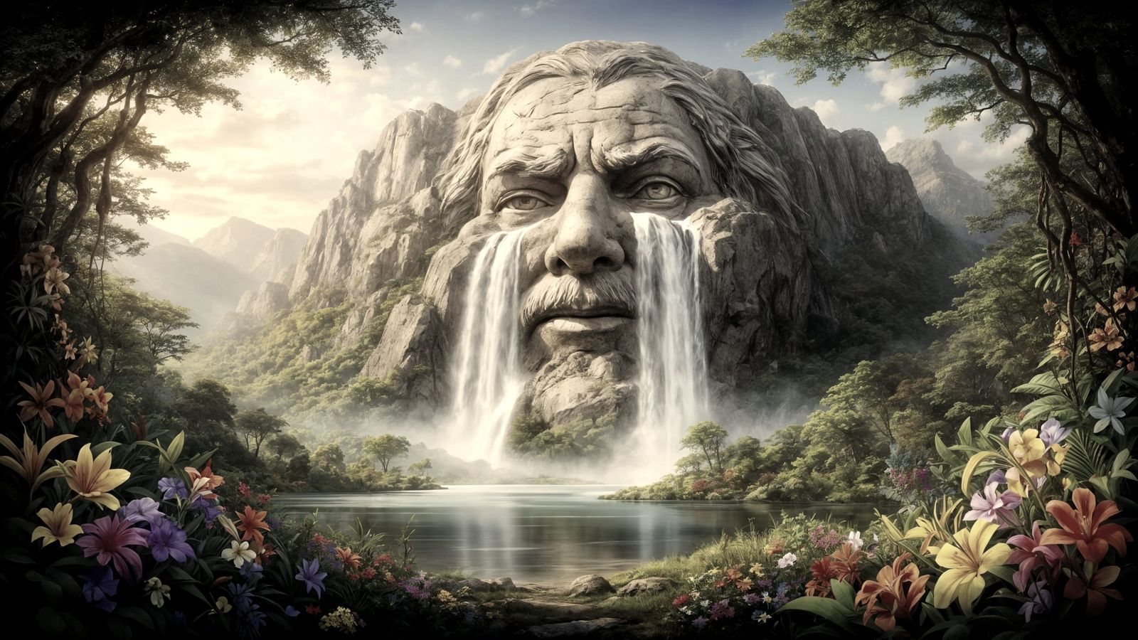 Colossal Stone Old Man Sculpture With Waterfalls