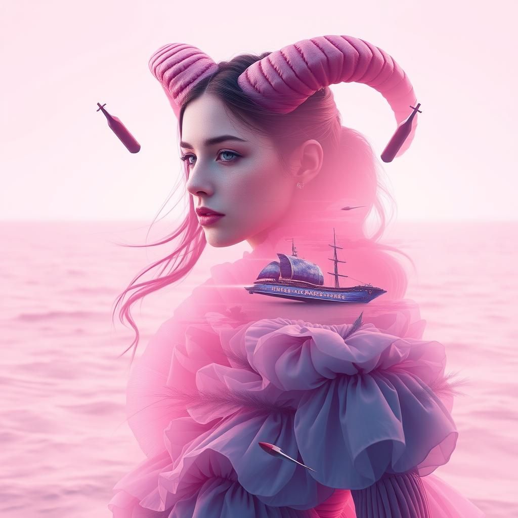Pink Double Exposure: Woman and Ocean in Fantasy Art