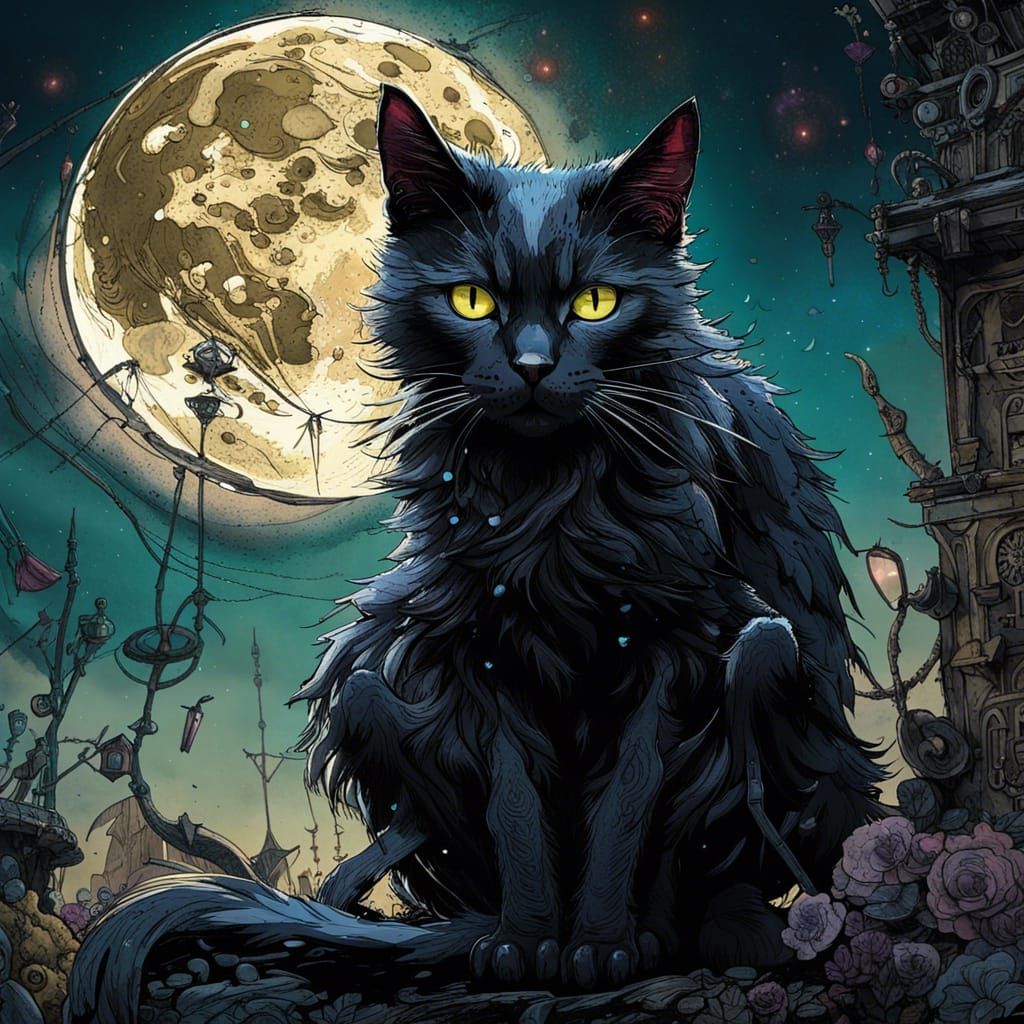 Black Cat Gazing at Full Moon: Fantasycore Artwork