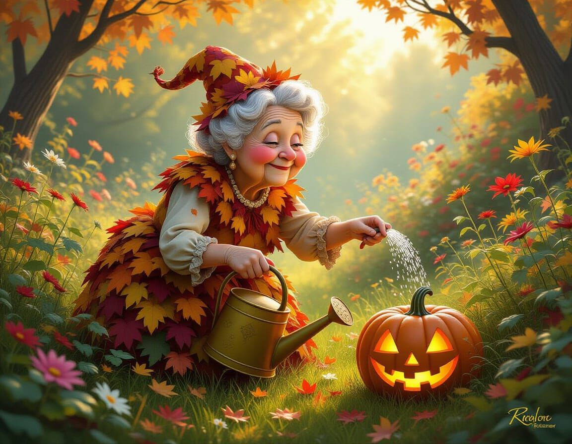 Elderly Gardener in Enchanted Autumn Garden