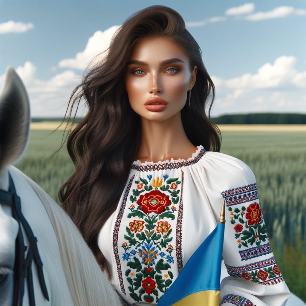 Woman in Ukrainian Vyshyvanka Riding White Horse with Ukrain...
