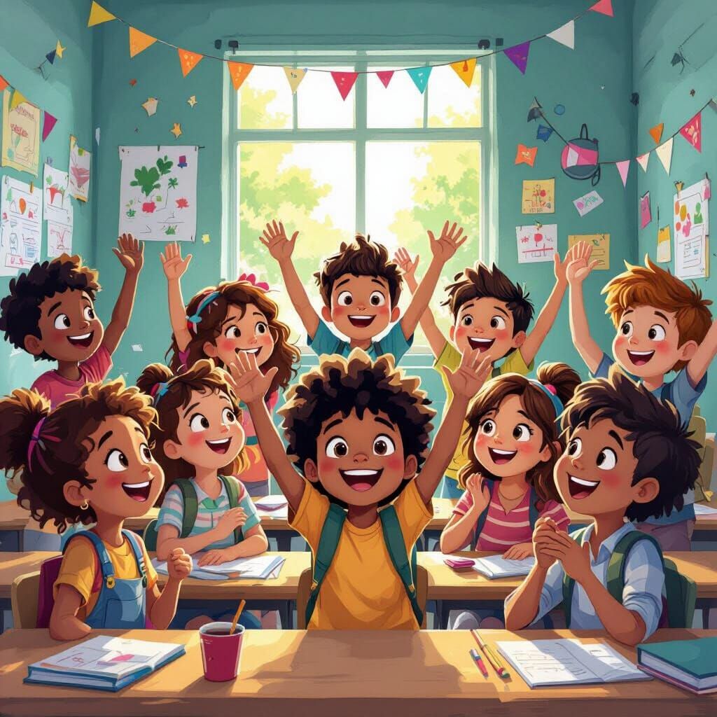 Happy Children Raising Hands in Classroom