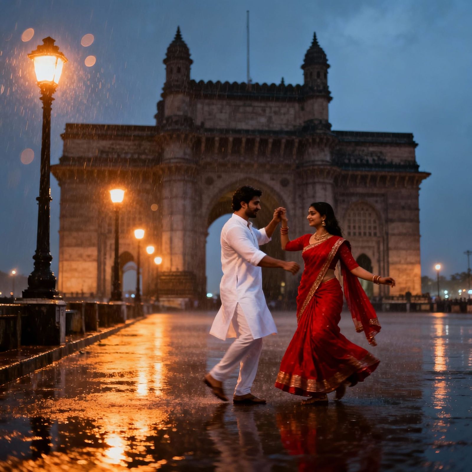 Romantic Indian Couple Dancing in Rain at Gateway of India