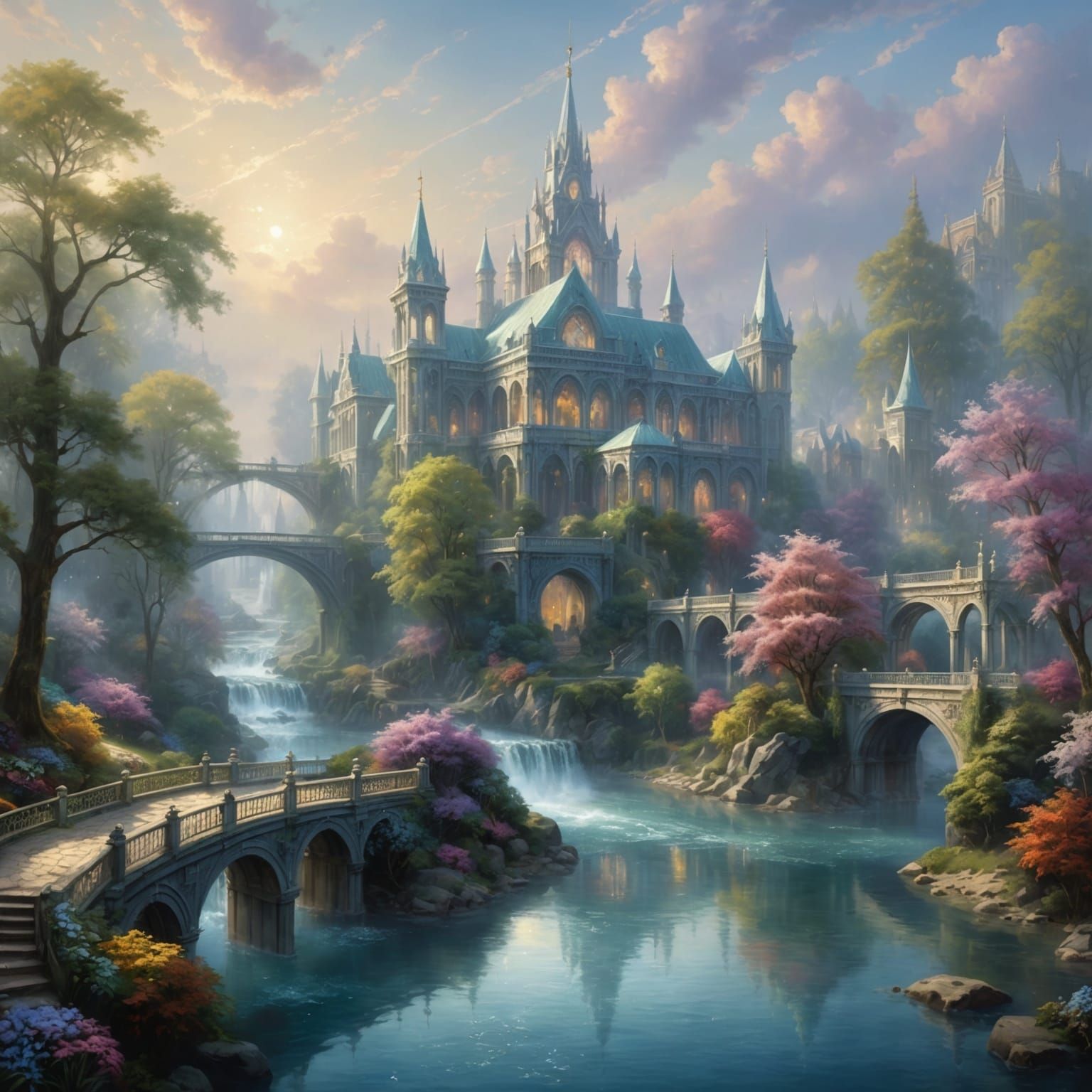 Crystal Palace and Silver River: Ethereal Fantasy Scene