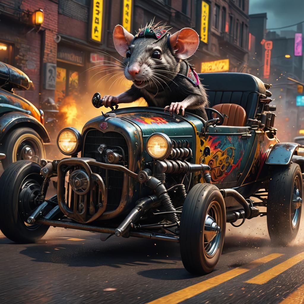 Punk Rat Driving Hotrod in Hyperrealistic Splash Art