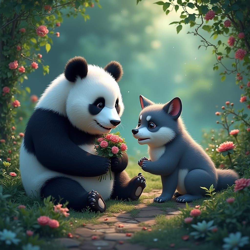 Panda and Wolf's Whimsical Wedding in Matte Painting Style
