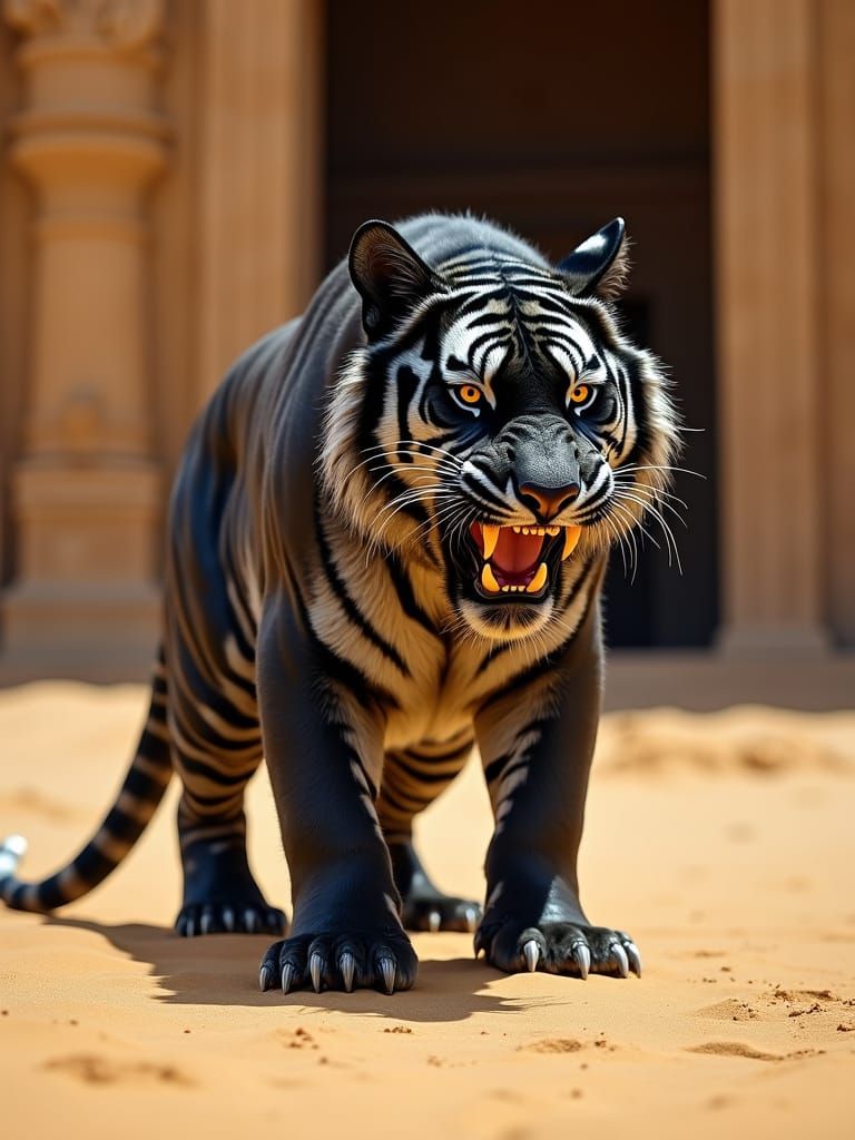 Mythical Black Tiger in Golden Desert Landscape