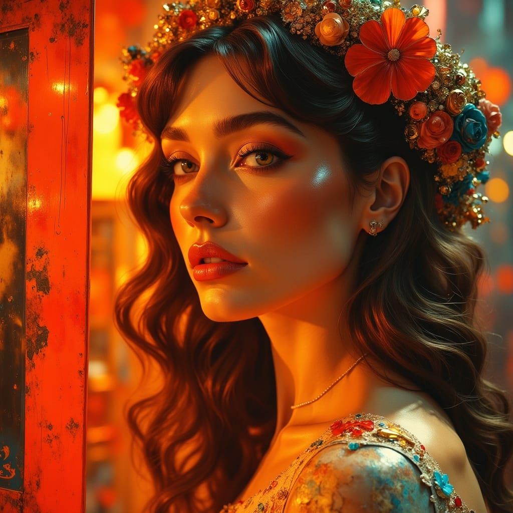 Woman Posing Near Jukebox in Vibrant Neon Style