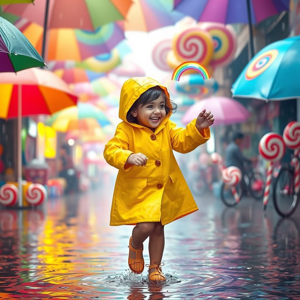Bangladeshi Girl Dancing in Rainy Candyland, Digital Art