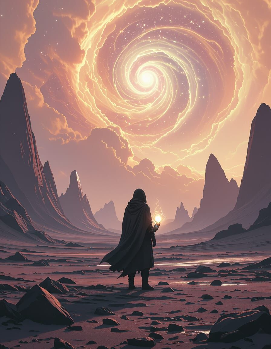 Mystical Traveler on Alien Planet in Realism Style