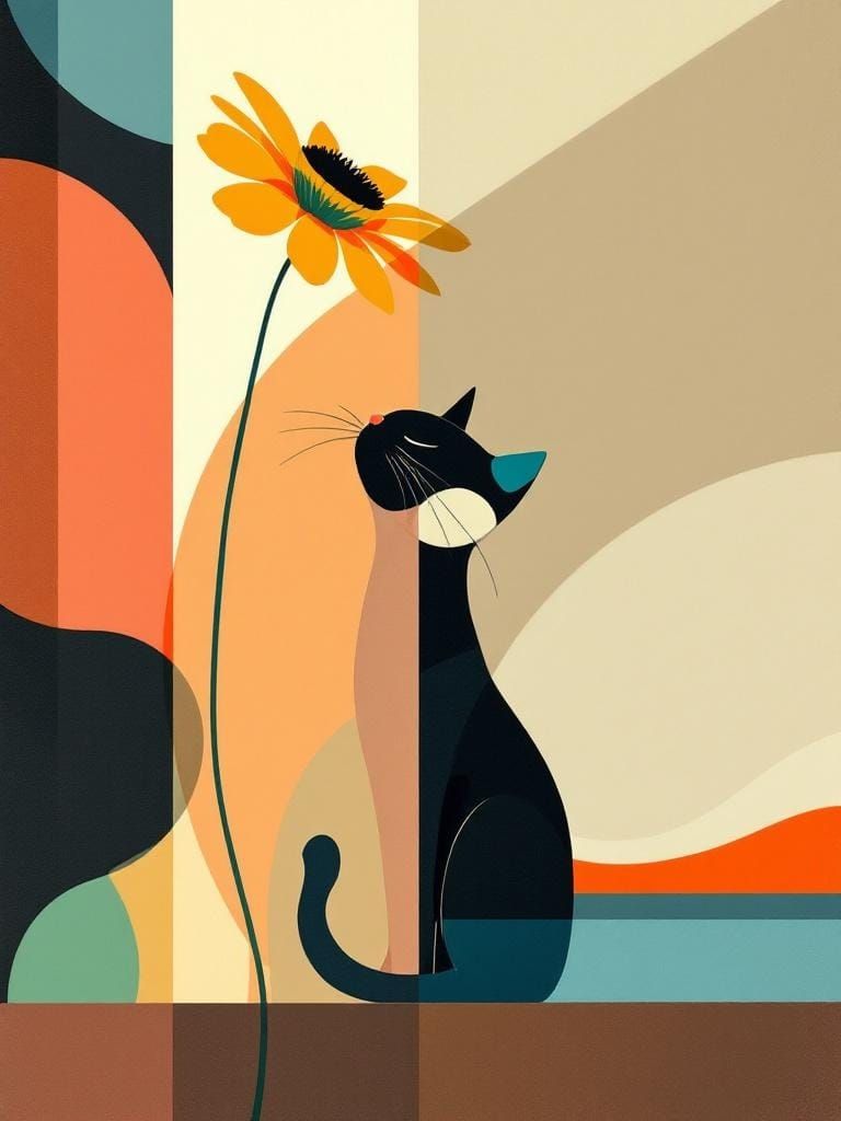 Cat Under Flower in Mid-Century Modern Style