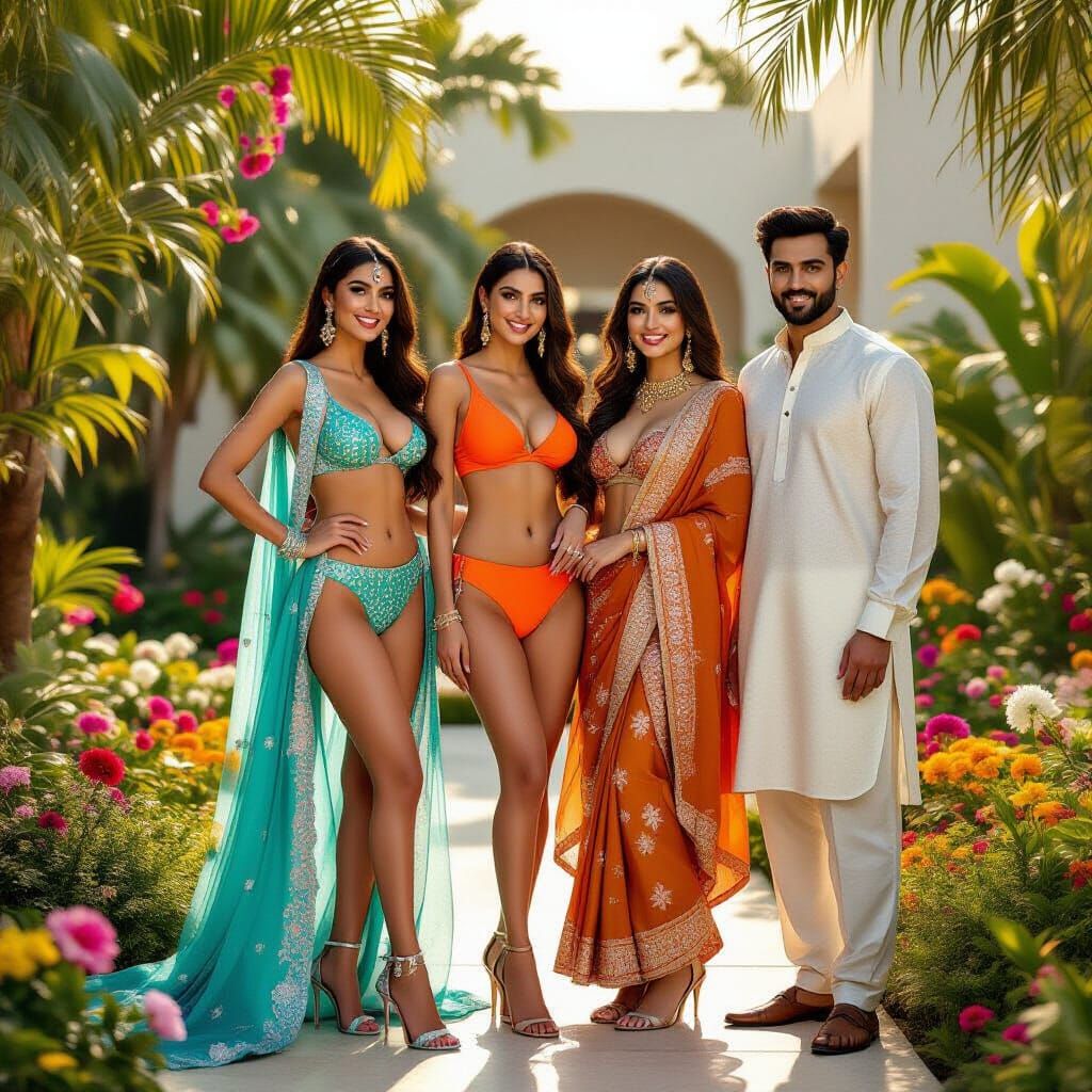 Pakistani Family Celebrates in Lush Garden, Hyperrealistic