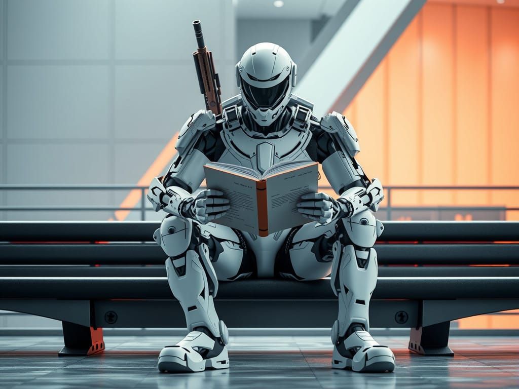 Humanoid Robot Sits on Futuristic Bench, Lost in Thought