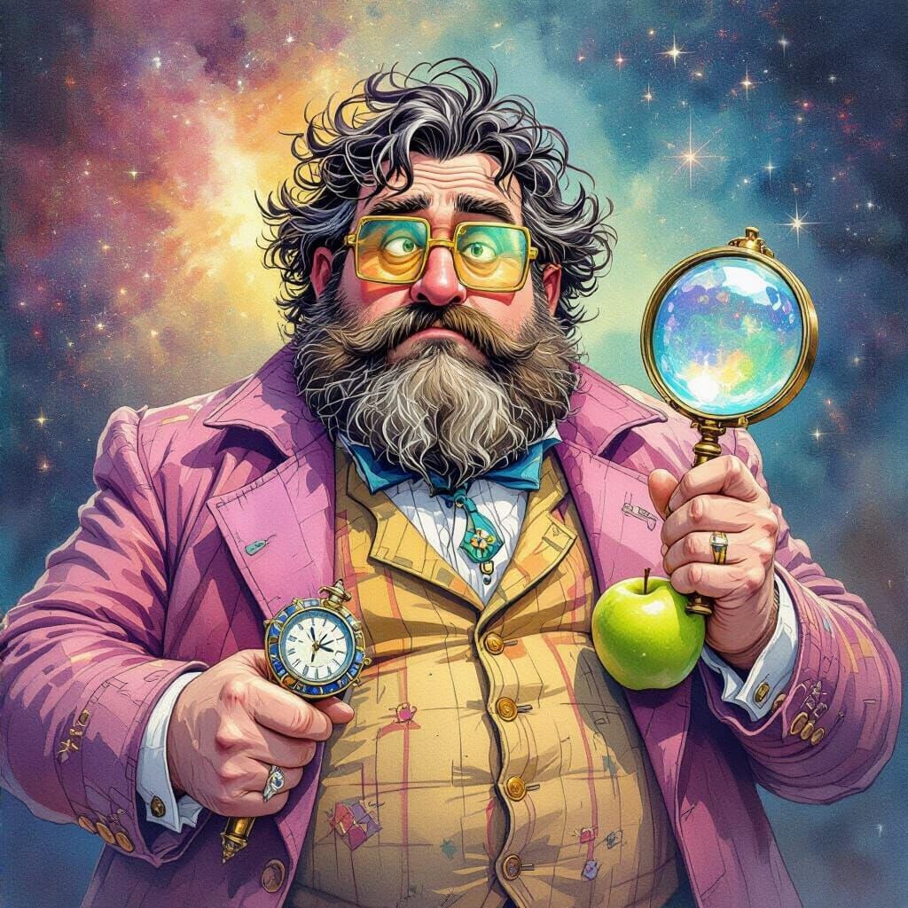 Watercolor Gumshoe in Cosmic Nebula, Holding Magnifying Glas...