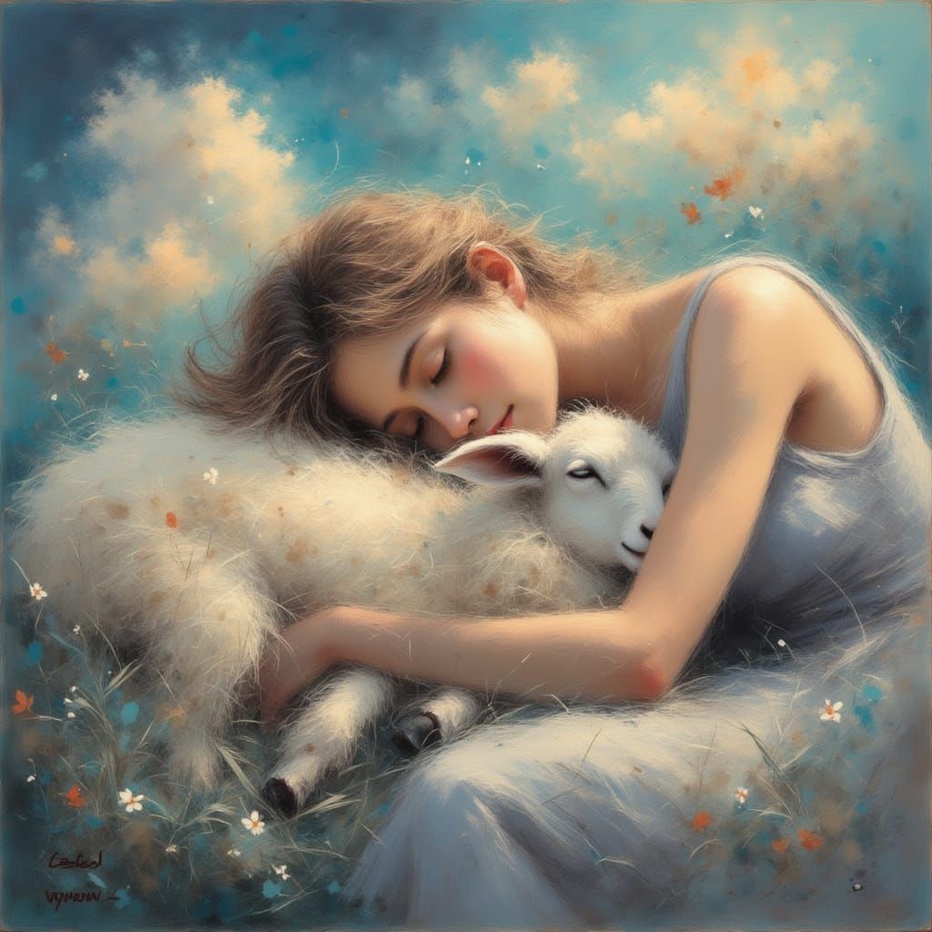 Woman Sleeping with Sheep Among Clouds