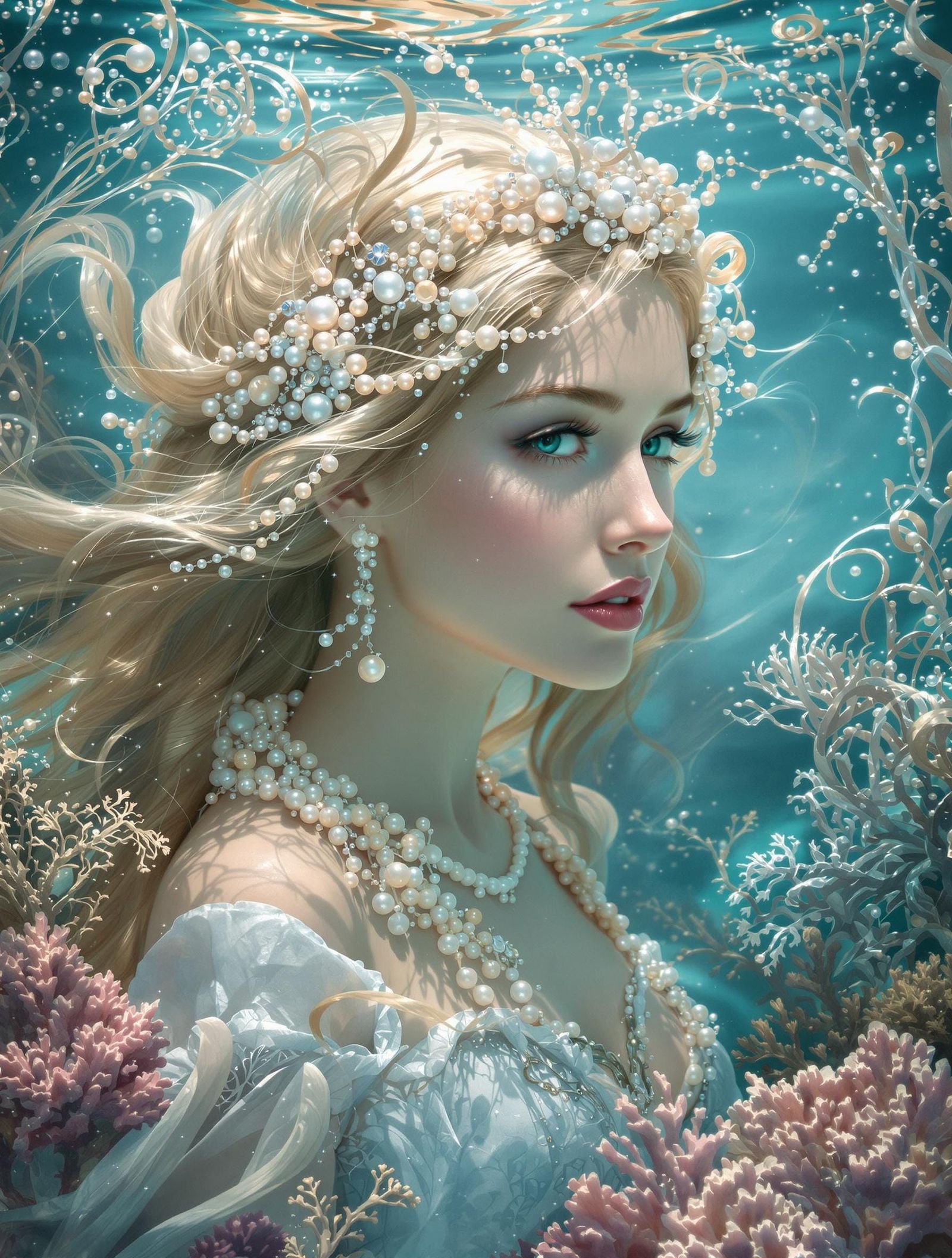 Ethereal Mermaid Portrait
Graceful underwater portrait featuring flowing blonde hair adorned with pearls amid swirling c...
