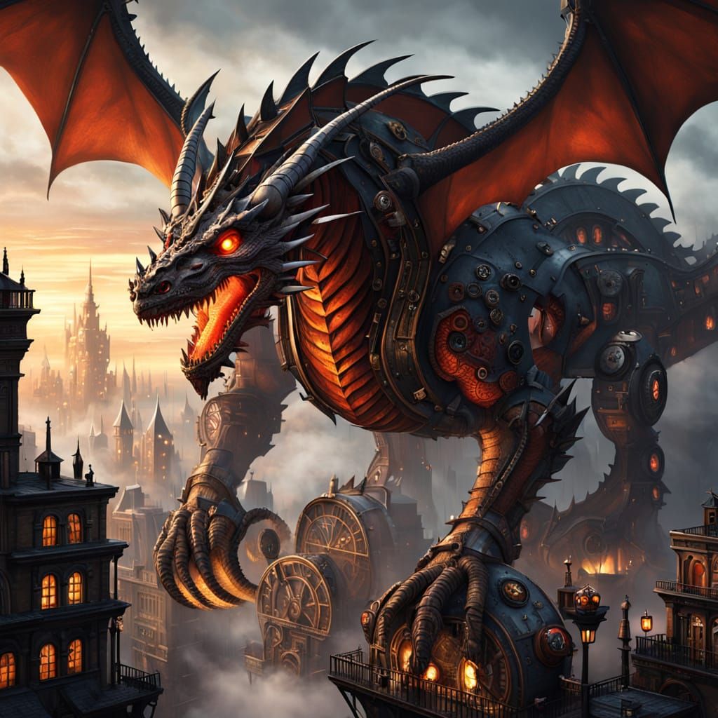 Clockwork Dragon Over Steampunk City