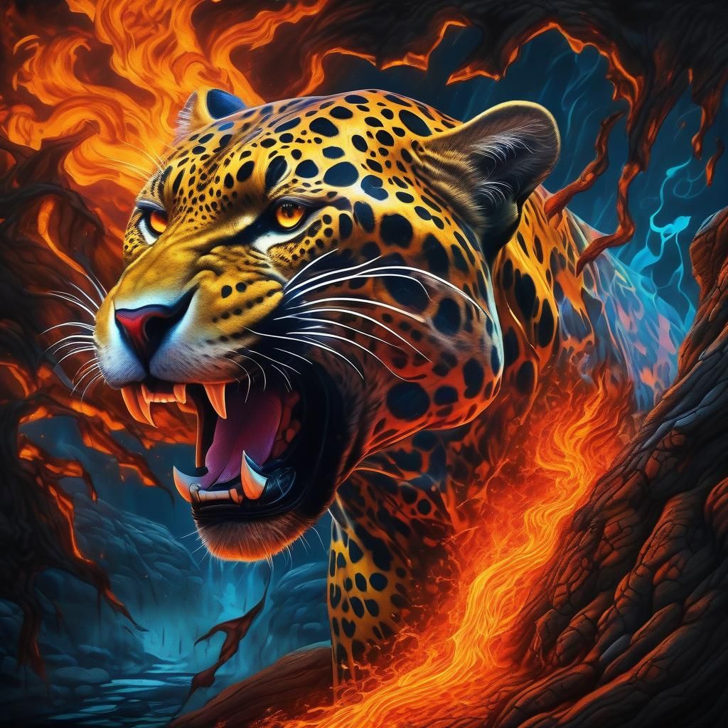Fiery Jaguar Tattoo Design with Magma Veins