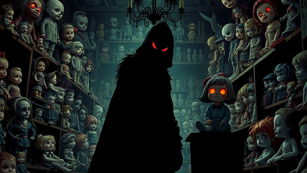 Spectre in Antique Doll Shop: Graphic Novel Illustration