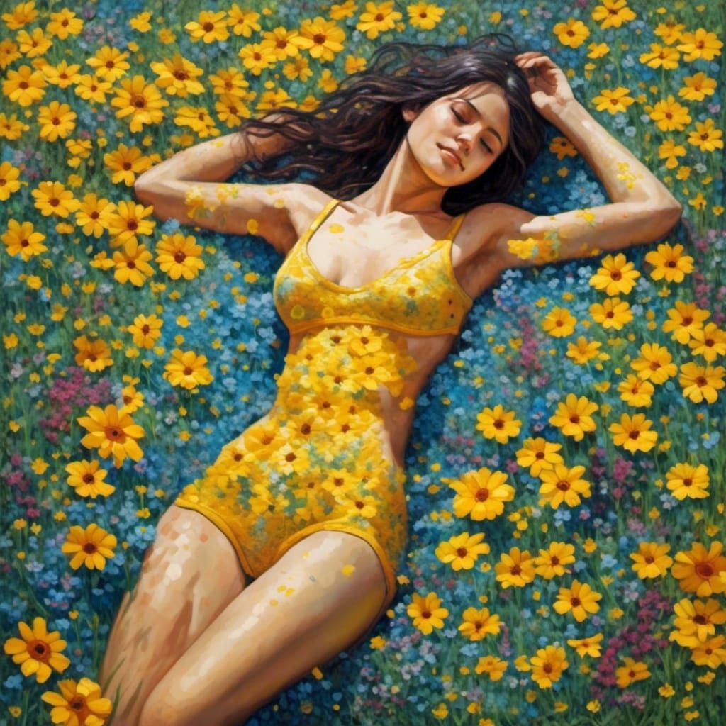 Woman in Wildflowers: Neo-Impressionist Oil Painting