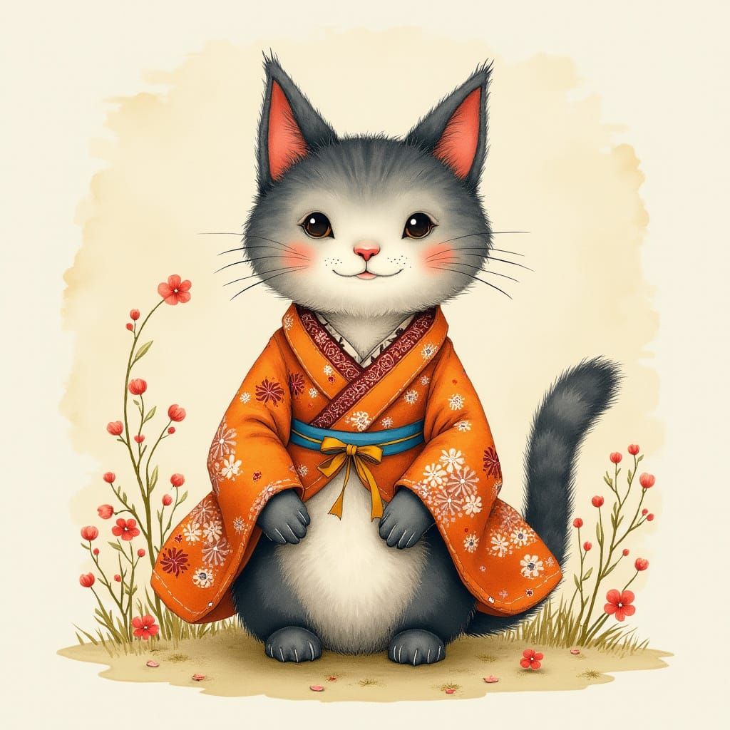 Whimsical Japanese Cat Watercolor Illustration