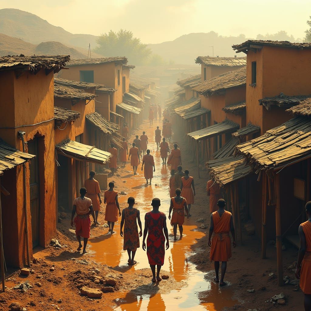 African Village Disarray in Matte Painting Style