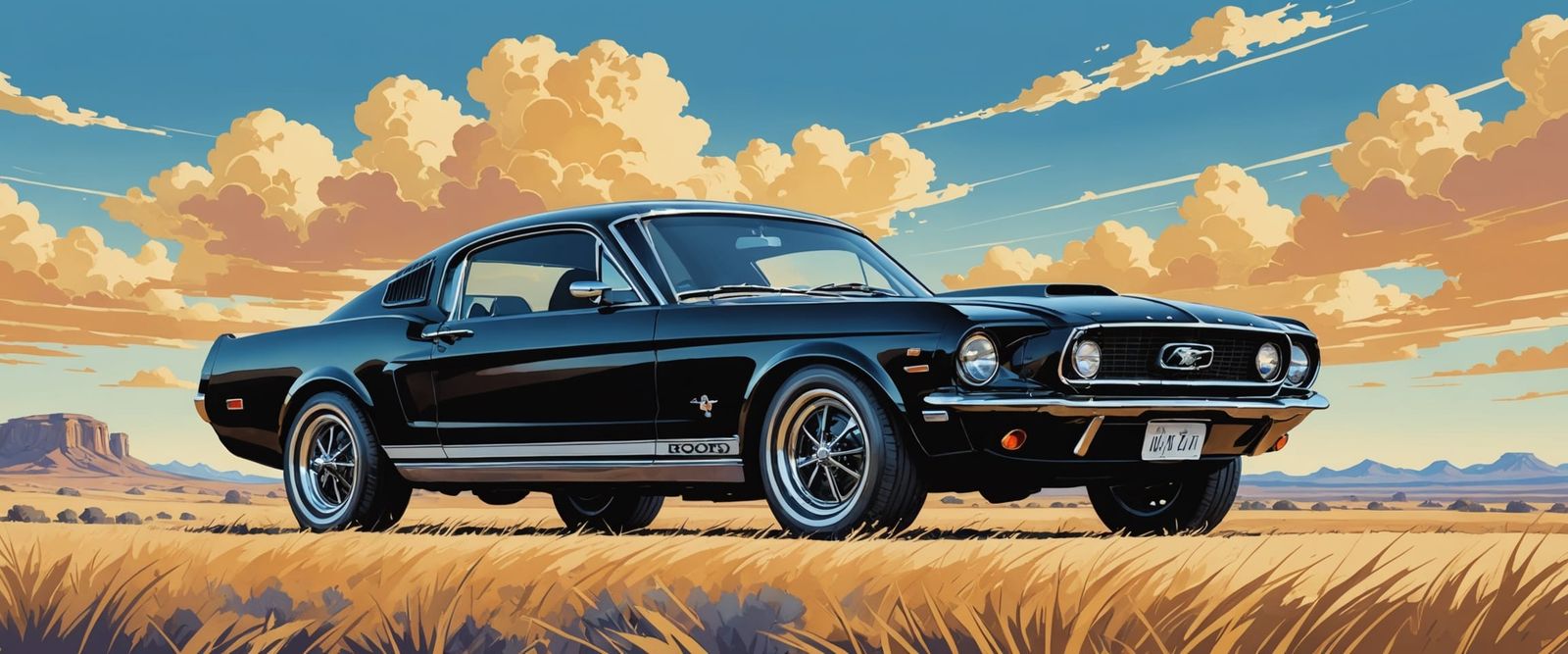 Classic Mustang in Vast Landscape, Retro Comic Art