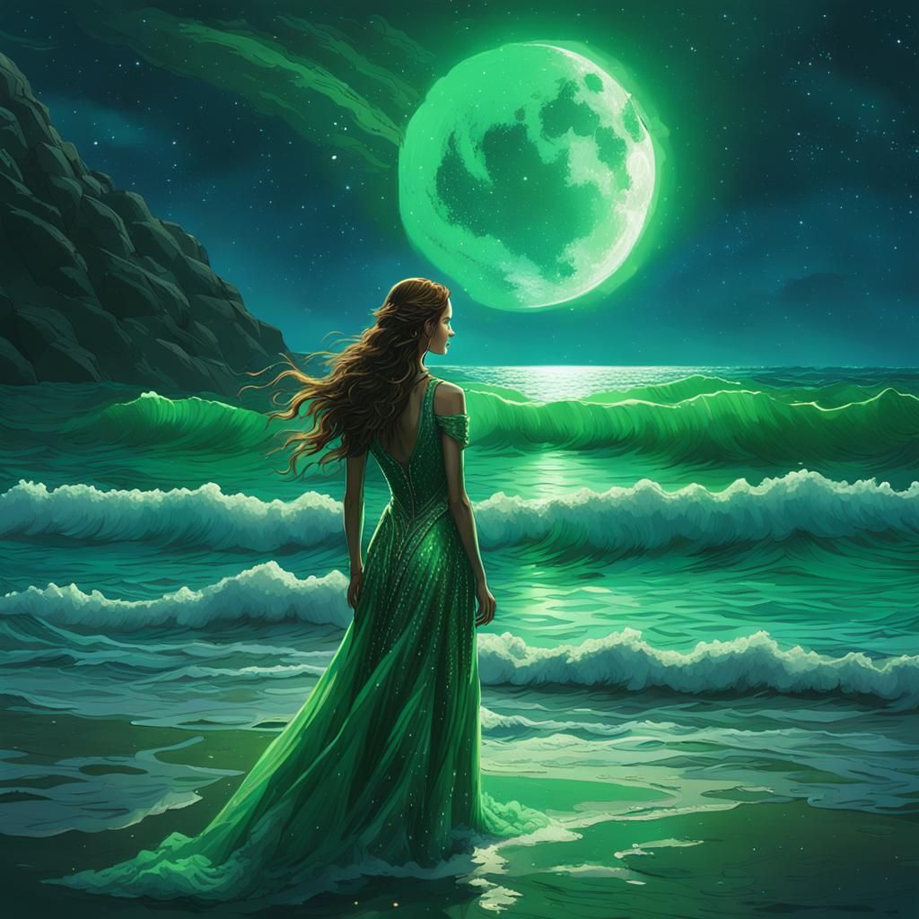 Woman in Green Dress: Cyberpunk Ocean Night