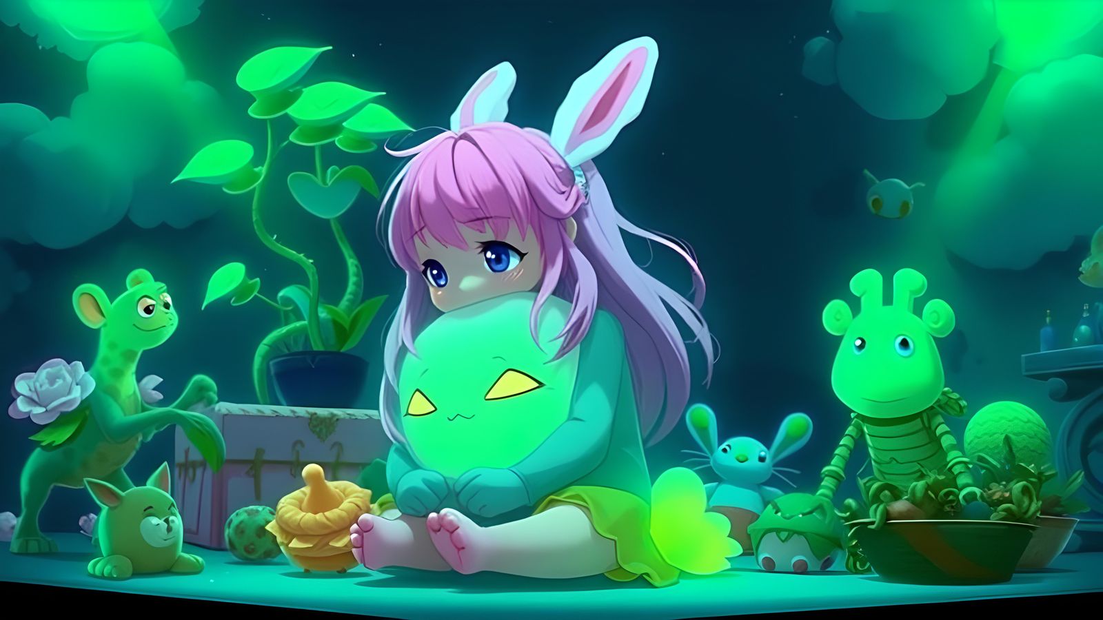Lonely Girl with Fluorescent Friend, Studio Ghibli Style