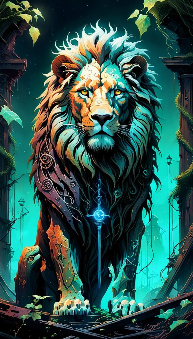 Cyberpunk Lion with Cybernetic Implants and Neon Eyes