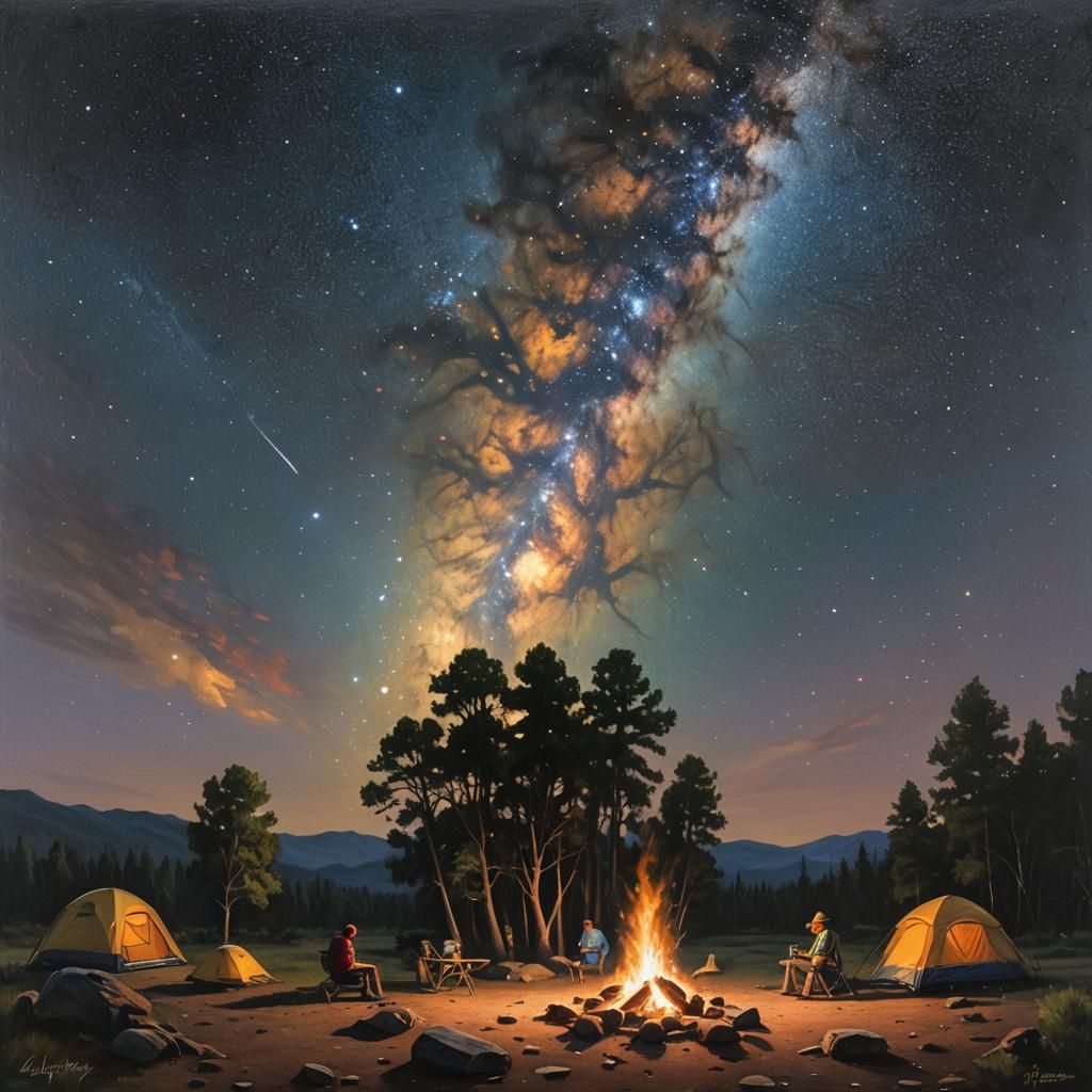 Night Campfire Under the Milky Way, Oil Painting