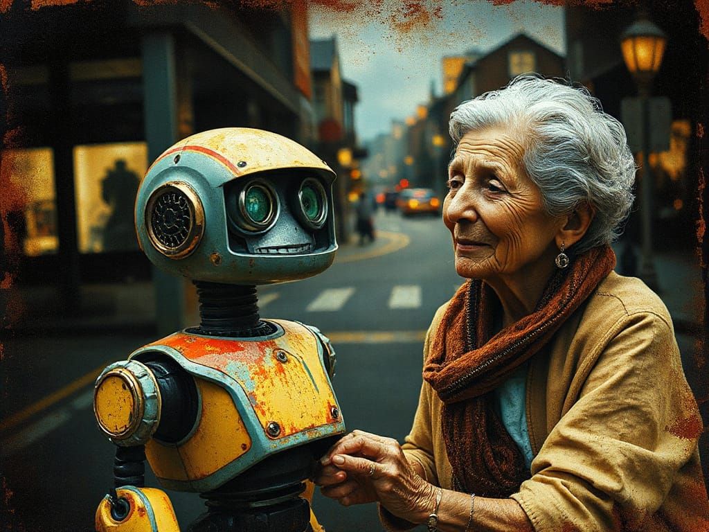 Touching Robot and Elderly Woman in Impressionist Style