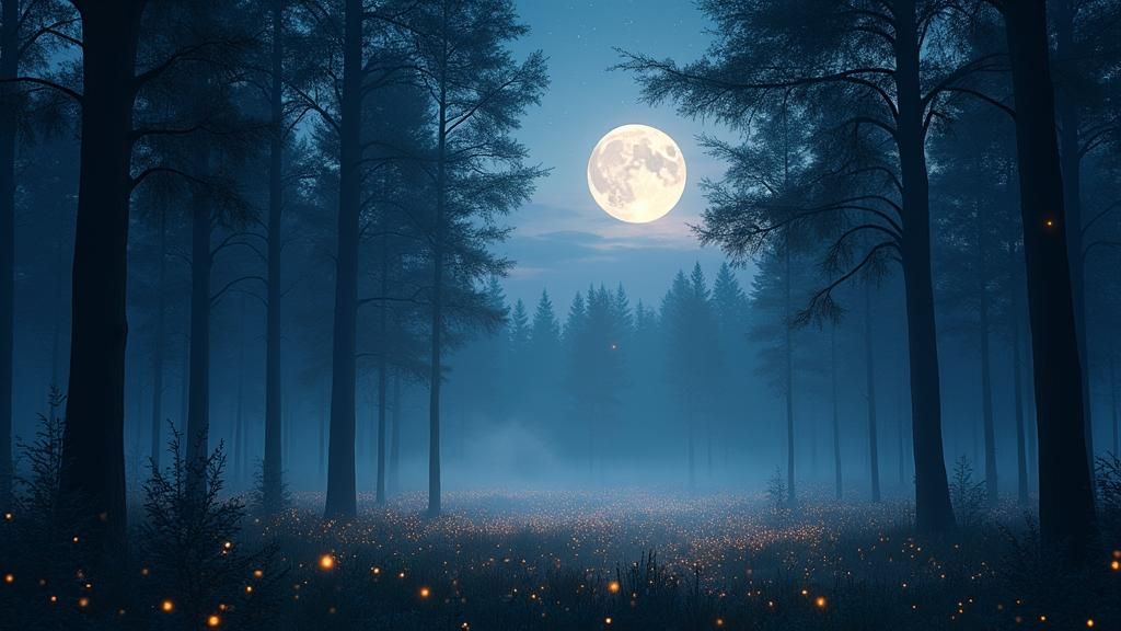 Moonlit Forest with Fireflies: Dreamlike Digital Art
