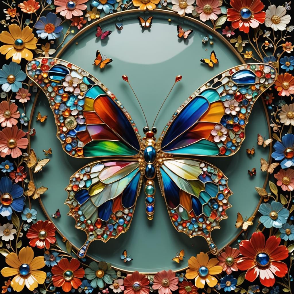 Iridescent Jeweled Butterfly with Enamel Flowers