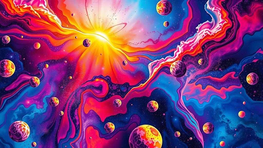 Cosmic Liquid Metal Splatter in a Futuristic Grid