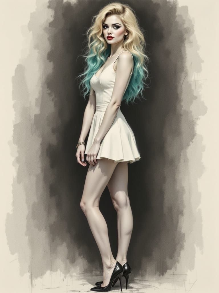 Pin-Up Woman in Teal-Tipped Hair and Modesty Skirt